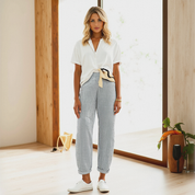 Women’s Striped Summer Trousers | Lightweight Elastic Waist Trousers for Everyday & Smart Casual Wear